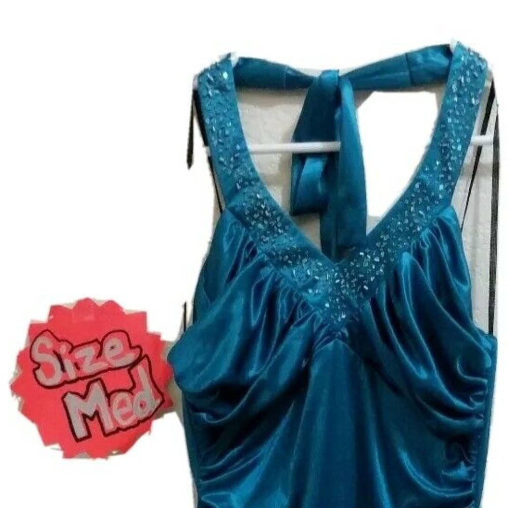 Jodi Kristopher Teal Prom beaded satin Knee size M
